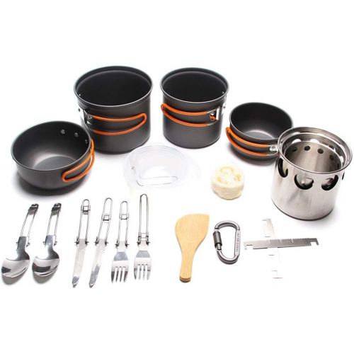  JACKBAGGIO New Aluminum Outdoor Camping Cookware Kits Cooking Picnic Bowl Pan Pot Sets w/Wood Stove Spoon for 3-4 People Durable&Lightweight