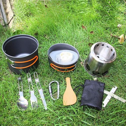  JACKBAGGIO New Aluminum Outdoor Camping Cookware Kits Cooking Picnic Bowl Pan Pot Sets w/Wood Stove Spoon for 3-4 People Durable&Lightweight