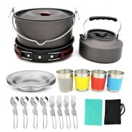 JACKBAGGIO New Aluminum Alloy Camping Pot Cookware Sets Outdoor Cooking Picnic Bowl Pot Pan Sets Camping Pan Hiking Backpacking Kits w/Teapot Water Cup for 4 People