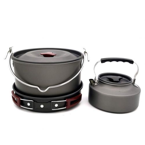  JACKBAGGIO New Aluminum Alloy Camping Pot Cookware Sets Outdoor Cooking Picnic Bowl Pot Pan Sets Camping Pan Hiking Backpacking Kits w/Teapot Water Cup for 4 People