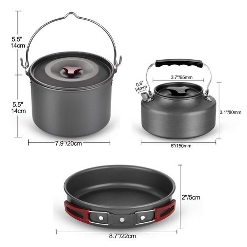  JACKBAGGIO New Aluminum Alloy Camping Pot Cookware Sets Outdoor Cooking Picnic Bowl Pot Pan Sets Camping Pan Hiking Backpacking Kits w/Teapot Water Cup for 4 People