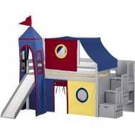 JACKPOT! Castle Low Loft Stairway Bed with Slide Red & Blue Tent and Tower, Loft Bed, Twin, White