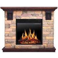 JAMFLY Electric Fireplace Wall Mantel in Faux Stone, Birch Wood Heater with Multicolor Flames, TV Stand, Standing Fireplace with Remote Control, 750/1500W