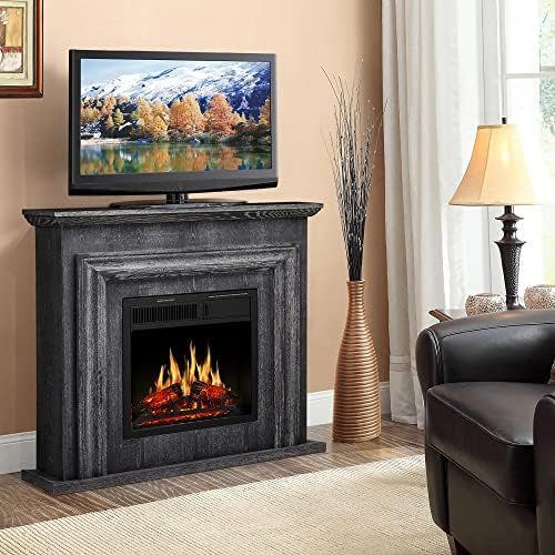  JAMFLY Electric Fireplace with Mantel Package Freestanding Fireplace Heater Corner Firebox with Log & Remote Control,750-1500W, Gray