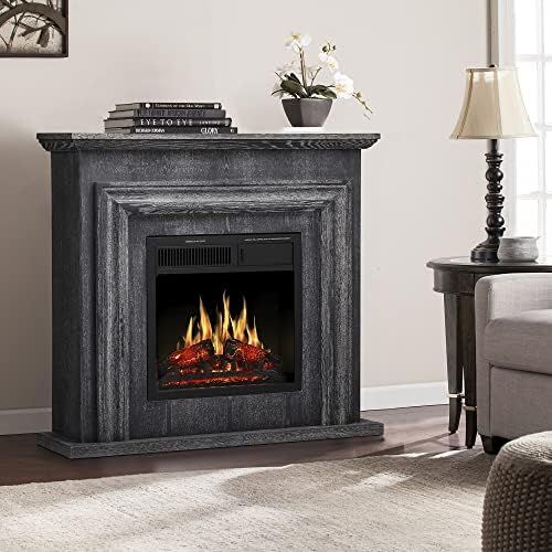  JAMFLY Electric Fireplace with Mantel Package Freestanding Fireplace Heater Corner Firebox with Log & Remote Control,750-1500W, Gray