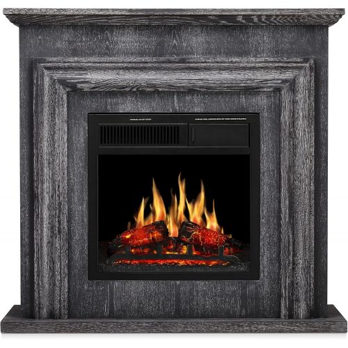  JAMFLY Electric Fireplace with Mantel Package Freestanding Fireplace Heater Corner Firebox with Log & Remote Control,750-1500W, Gray