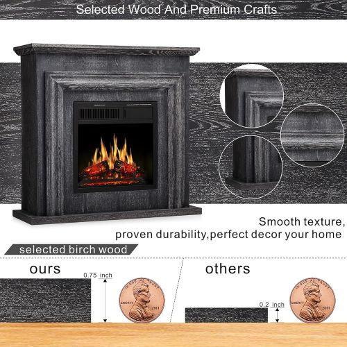  JAMFLY Electric Fireplace with Mantel Package Freestanding Fireplace Heater Corner Firebox with Log & Remote Control,750-1500W, Gray