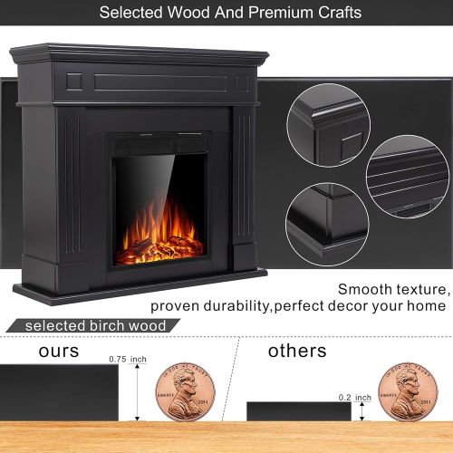  JAMFLY Electric Fireplace Mantel Package Wooden Surround Firebox TV Stand Free Standing Electric Fireplace Heater with Logs, Adjustable Led Flame, Remote Control, 750W-1500W (Black