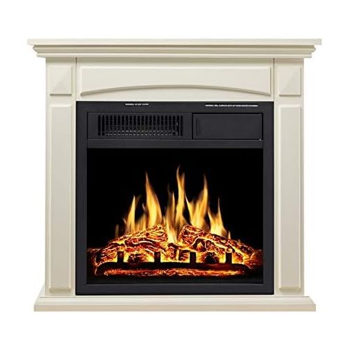  JAMFLY Electric Fireplace Mantel Package Wood Surround Firebox Freestanding Corner Fireplace Infrared Quartz Heater Adjustable Led Flame, w/Logs, Remote Control, 750W-1501W, White