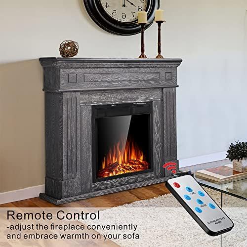  JAMFLY Electric Fireplace Mantel Package Wooden Surround Firebox TV Stand Free Standing Electric Fireplace Heater with Logs, Adjustable Led Flame, Remote Control, 750W-1500W, Gery