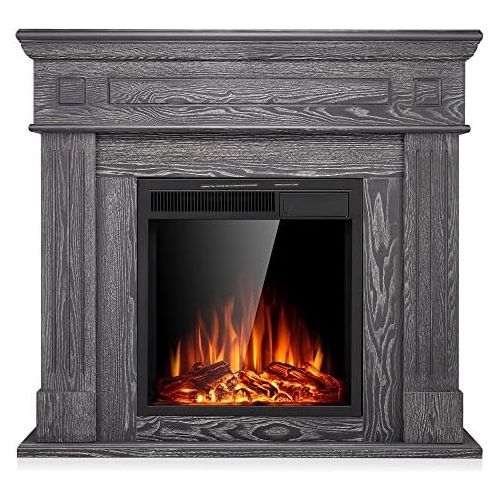  JAMFLY Electric Fireplace Mantel Package Wooden Surround Firebox TV Stand Free Standing Electric Fireplace Heater with Logs, Adjustable Led Flame, Remote Control, 750W-1500W, Gery