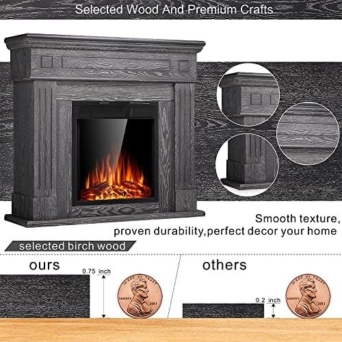  JAMFLY Electric Fireplace Mantel Package Wooden Surround Firebox TV Stand Free Standing Electric Fireplace Heater with Logs, Adjustable Led Flame, Remote Control, 750W-1500W, Gery