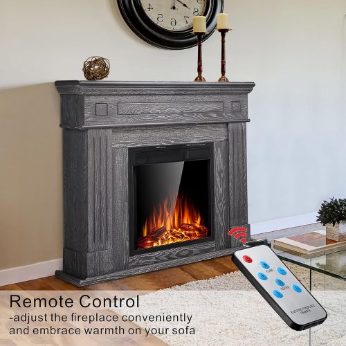  JAMFLY Electric Fireplace Mantel Package Wooden Surround Firebox TV Stand Free Standing Electric Fireplace Heater with Logs, Adjustable Led Flame, Remote Control, 750W-1500W, Gery