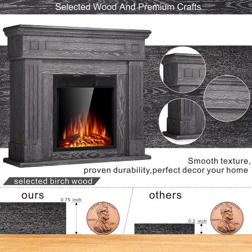  JAMFLY Electric Fireplace Mantel Package Wooden Surround Firebox TV Stand Free Standing Electric Fireplace Heater with Logs, Adjustable Led Flame, Remote Control, 750W-1500W, Gery