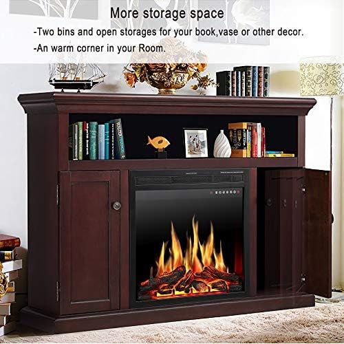  JAMFLY Electric Fireplace TV Stand Wood Mantel for TV Up to 55, Media Entertainment Center Fireplace Console Cabinet w/LED Flames, Storage Bin, Touch Screen,Remote Control, 750W-15