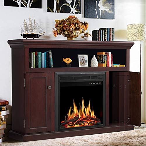  JAMFLY Electric Fireplace TV Stand Wood Mantel for TV Up to 55, Media Entertainment Center Fireplace Console Cabinet w/LED Flames, Storage Bin, Touch Screen,Remote Control, 750W-15