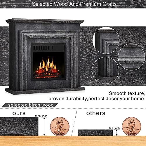  JAMFLY Electric Fireplace with Mantel Package Freestanding Fireplace Heater Corner Firebox with Log & Remote Control,750-1500W, Gray