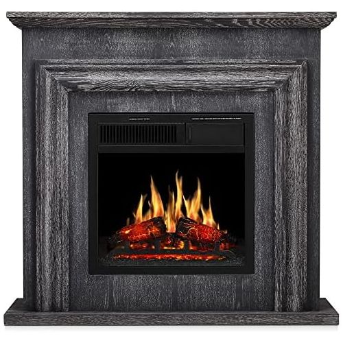  JAMFLY Electric Fireplace with Mantel Package Freestanding Fireplace Heater Corner Firebox with Log & Remote Control,750-1500W, Gray