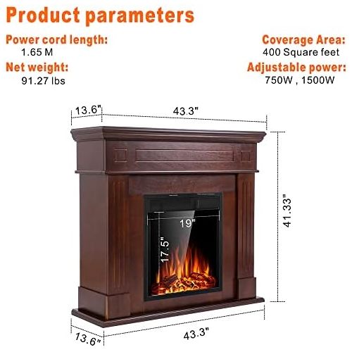  JAMFLY Electric Mantel Fireplace,Wood Package Surround Freestanding Electric Fireplace Heater, TV Stand, Adjustable Led Flame, Remote Control, 750W 1500W, Brown