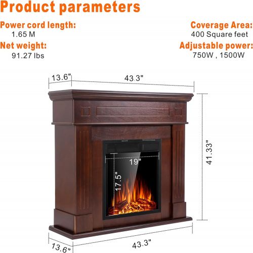  JAMFLY Electric Mantel Fireplace,Wood Package Surround Freestanding Electric Fireplace Heater, TV Stand, Adjustable Led Flame, Remote Control, 750W 1500W, Brown