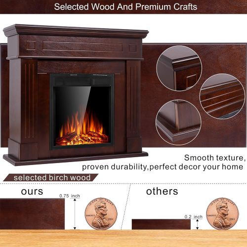  JAMFLY Electric Mantel Fireplace,Wood Package Surround Freestanding Electric Fireplace Heater, TV Stand, Adjustable Led Flame, Remote Control, 750W 1500W, Brown