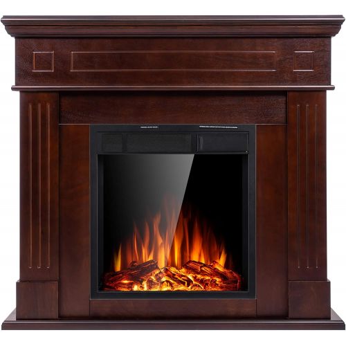  JAMFLY Electric Mantel Fireplace,Wood Package Surround Freestanding Electric Fireplace Heater, TV Stand, Adjustable Led Flame, Remote Control, 750W 1500W, Brown