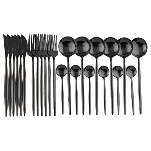  [아마존베스트]JANKNG 24-Piece Flatware Set, 18/0 Stainless Steel Knife Fork Spoon Teaspoon Silverware Set, Service for 6, Mirror Black