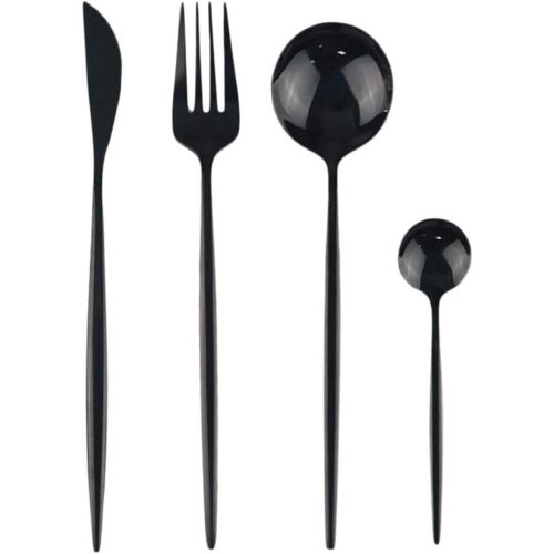  [아마존베스트]JANKNG 24-Piece Flatware Set, 18/0 Stainless Steel Knife Fork Spoon Teaspoon Silverware Set, Service for 6, Mirror Black