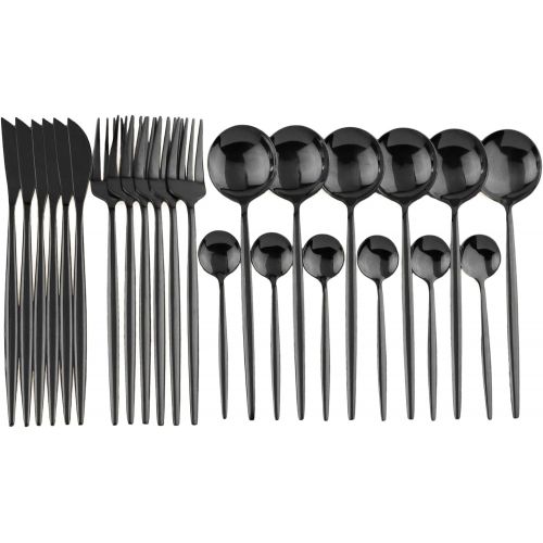  [아마존베스트]JANKNG 24-Piece Flatware Set, 18/0 Stainless Steel Knife Fork Spoon Teaspoon Silverware Set, Service for 6, Mirror Black