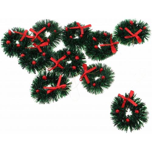  JANOU 10pcs Christmas Wreath Dollhouse Miniature Holiday Wreath with Bowknot 1:12 Dollhouse Accessories for Christmas Party Decoration