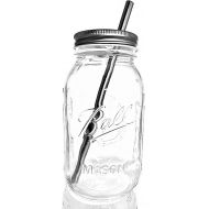 [아마존베스트]Smoothie Cup Mason Drinking Jars Regular Mouth Glass Mason Jars 32 oz/Smoothie Cup with Lid and Stainless Steel Straw 100% Eco Friendly - by Jarming Collections Set of 2