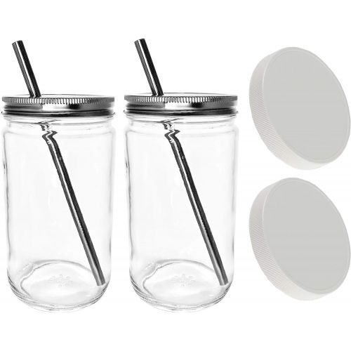  [아마존베스트]Reusable Smoothie Cup Extra Wide Mouth Glass Mason Jar 32oz with Smoothie Stainless Steel Straw/Smoothie Cup with Lid and Straw-includes Leak Proof Cap by Jarming Collections (2)
