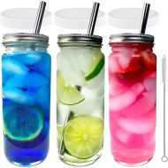 [아마존베스트]JARMING COLLECTIONS Reusable Boba Smoothie Cups Glass Water Bottle Jar with Lids and Straws Drinking Jar Tumblers with Lids 16oz Glass Jars Tumblers with Plastic Storage Lids Eco-Friendly (2, gold)