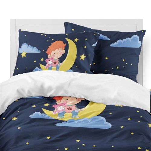  JARSON Deep Blue Cartoon Bedding Sets Little Boy Moon Star Printed Duvet Cover Set Kids Bedding Twin Size