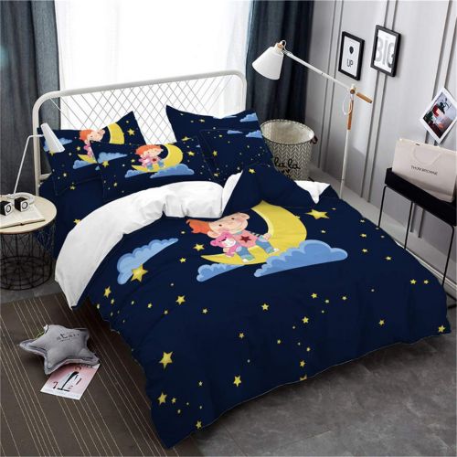  JARSON Deep Blue Cartoon Bedding Sets Little Boy Moon Star Printed Duvet Cover Set Kids Bedding Twin Size
