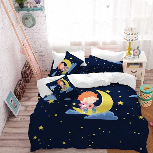  JARSON Deep Blue Cartoon Bedding Sets Little Boy Moon Star Printed Duvet Cover Set Kids Bedding Twin Size