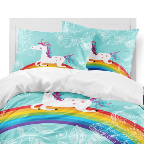  JARSON 3Piece Purple Unicorn Bedding Set Rainbow Printed Duvet Cover Set Girls Princess Cartoon Bedding Queen Size