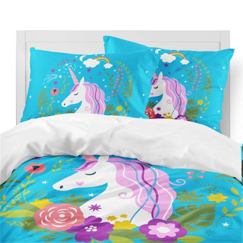  JARSON 3Piece Purple Unicorn Bedding Set Rainbow Printed Duvet Cover Set Girls Princess Cartoon Bedding Queen Size