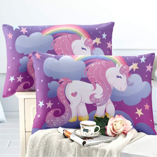  JARSON 3Piece Purple Unicorn Bedding Set Rainbow Printed Duvet Cover Set Girls Princess Cartoon Bedding Queen Size
