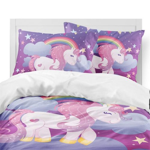  JARSON 3Piece Purple Unicorn Bedding Set Rainbow Printed Duvet Cover Set Girls Princess Cartoon Bedding Queen Size