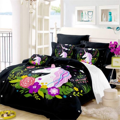  JARSON 3Piece Purple Unicorn Bedding Set Rainbow Printed Duvet Cover Set Girls Princess Cartoon Bedding Queen Size