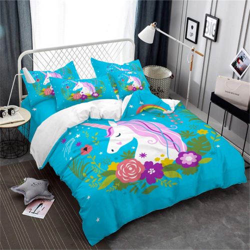  JARSON 3Piece Purple Unicorn Bedding Set Rainbow Printed Duvet Cover Set Girls Princess Cartoon Bedding Queen Size