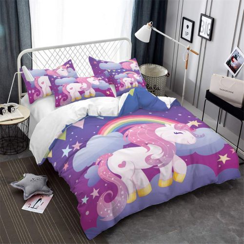  JARSON 3Piece Purple Unicorn Bedding Set Rainbow Printed Duvet Cover Set Girls Princess Cartoon Bedding Queen Size