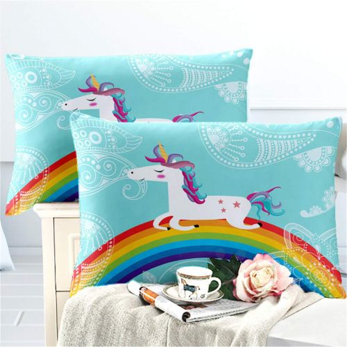  JARSON 3Piece Purple Unicorn Bedding Set Rainbow Printed Duvet Cover Set Girls Princess Cartoon Bedding Queen Size