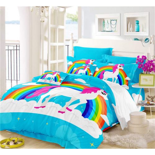  JARSON 3Piece Purple Unicorn Bedding Set Rainbow Printed Duvet Cover Set Girls Princess Cartoon Bedding Queen Size