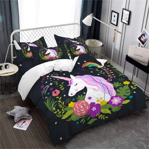  JARSON 3Piece Purple Unicorn Bedding Set Rainbow Printed Duvet Cover Set Girls Princess Cartoon Bedding Queen Size