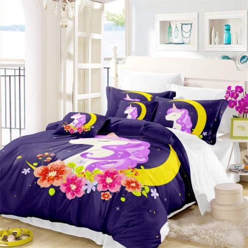  JARSON 3Piece Purple Unicorn Bedding Set Rainbow Printed Duvet Cover Set Girls Princess Cartoon Bedding Queen Size