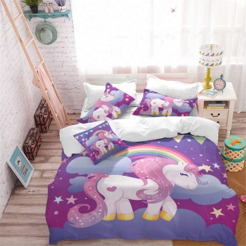  JARSON 3Piece Purple Unicorn Bedding Set Rainbow Printed Duvet Cover Set Girls Princess Cartoon Bedding Queen Size