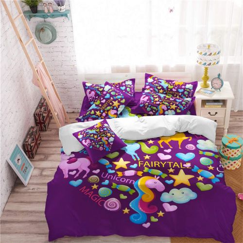  JARSON 3Piece Purple Unicorn Bedding Set Rainbow Printed Duvet Cover Set Girls Princess Cartoon Bedding Queen Size