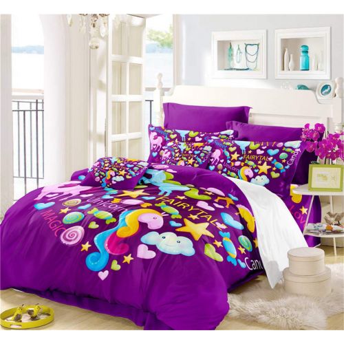  JARSON 3Piece Purple Unicorn Bedding Set Rainbow Printed Duvet Cover Set Girls Princess Cartoon Bedding Queen Size